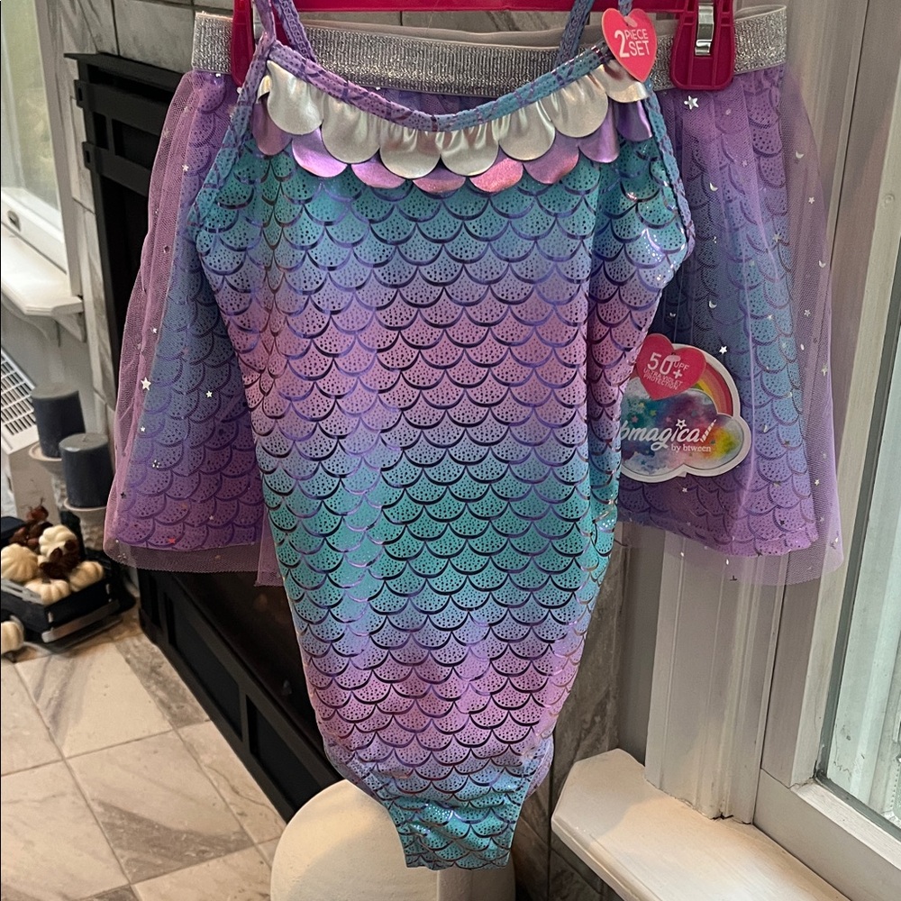btween Magical Mermaid Kids Swim One Piece in Purple and Teal and Matching Skirt